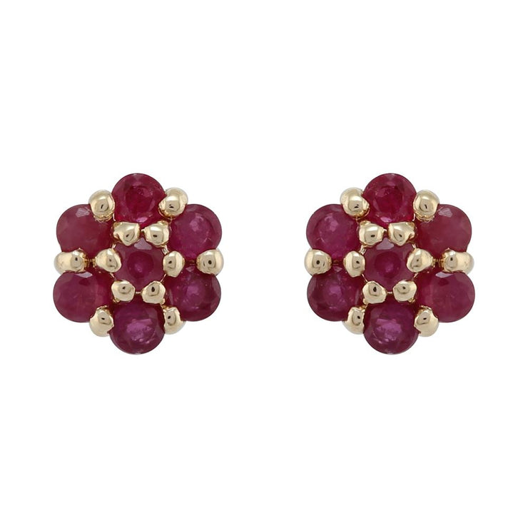 Boucles d'Oreilles Clou Style Floral Or Jaune 375 Rubis Pavé