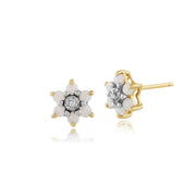 Boucles d'Oreilles Clou Floral Or Jaune 375 Opale Ronde et Diamant