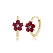 Boucles d'Oreilles Créoles Floral Or Jaune 375 Rubis et Diamant