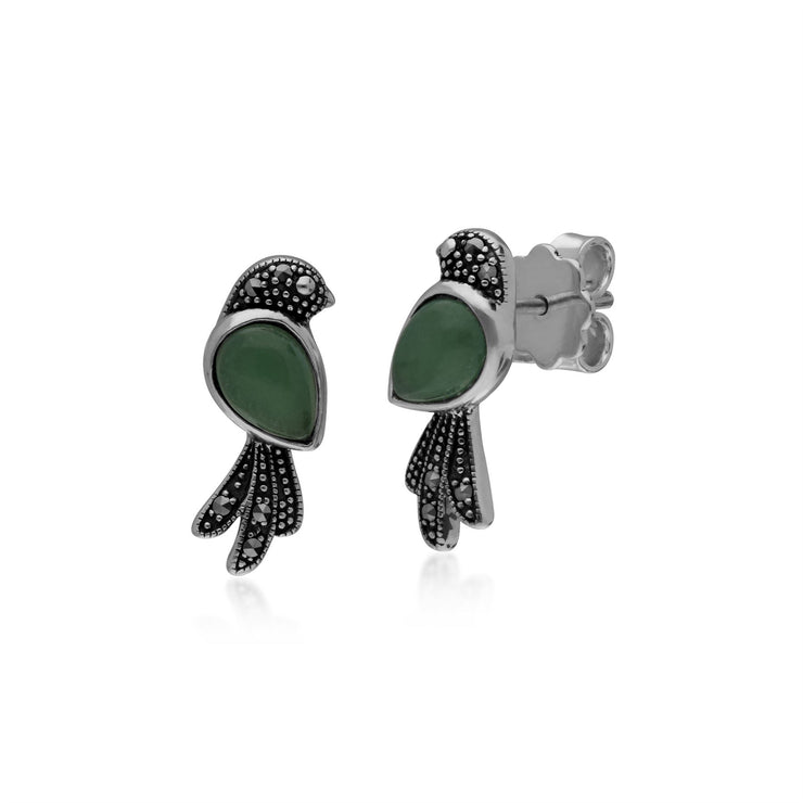 Jade Boucles D'Oreilles, Argent Sterling 1 Carat Jade & 0,09 CT Marcassite Oiseaux Boucles D'Oreilles