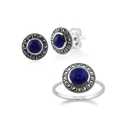Bague et Boucles d'Oreilles Clou Style Art Déco Argent 925 Lapis Lazuli Rond et Marcassite Halo