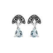 Collier et Boucles d'Oreilles Clou Feuille Style Art Déco Argent 925 Aigue-Marine Poire et Marcassite