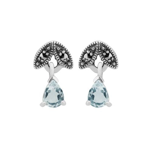 Collier et Boucles d'Oreilles Clou Feuille Style Art Déco Argent 925 Aigue-Marine Poire et Marcassite
