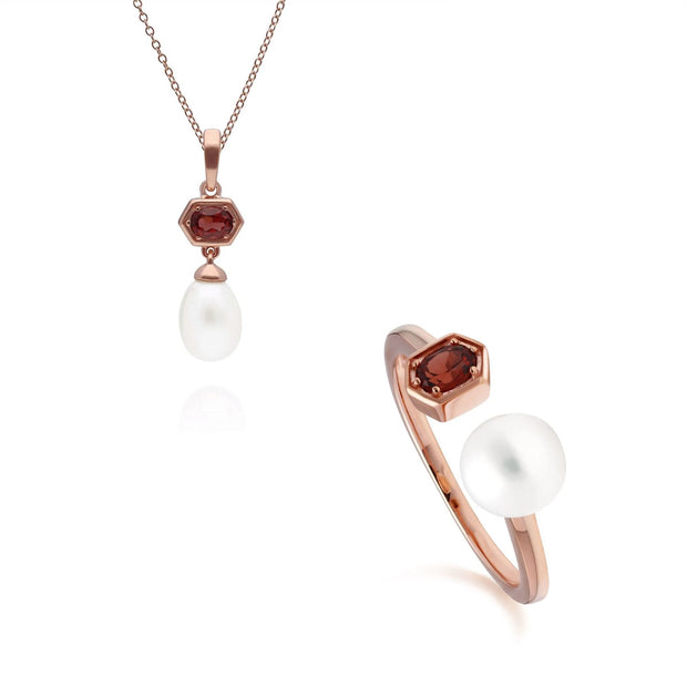 Bague et Pendentif Perle Moderne Argent 925 Plaqué Or Rose Grenat et Perle