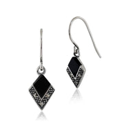 Collier et Boucles d'Oreilles Cerf Pendantes Volant Style Art Déco Argent 925 Onyx Noire et Marcassite
