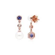 Boucles d'Oreilles Pendantes Asymétriques Perle Moderne Argent 925 Plaqué Or Perle, Tanzanite et Topaze