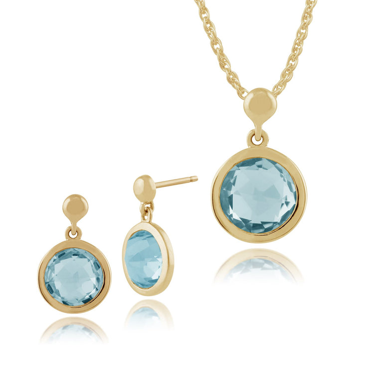 Pendentif et Boucles d'Oreilles Pendantes Classique Or Jaune 375 Topaze Bleue Ronde serti Clos