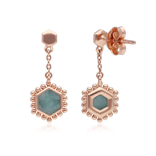 Boucles d'Oreilles Pendantes Flat Slice Hexagone Argent 925 Doré à l'Or Fin Rose Amazonite