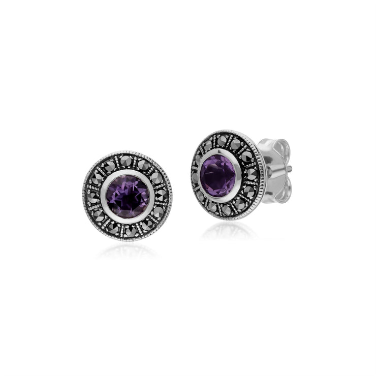 s Argent Sterling Rond Amethyst And Marcassite Grappe Boucles D'Oreilles Clous