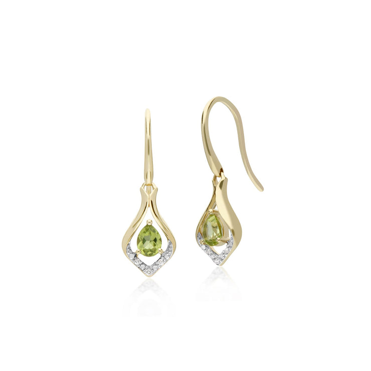 Peridot Boucles D'Oreilles, 9 CT or Jaune Rond Peridot & Diamant Feuille Boucles D'Oreilles Goutte