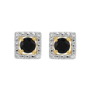 Boucles d'Oreilles Clou Saphir Bleu Foncé Classique Or Jaune 375 et Ear-Jacket Carré Diamant