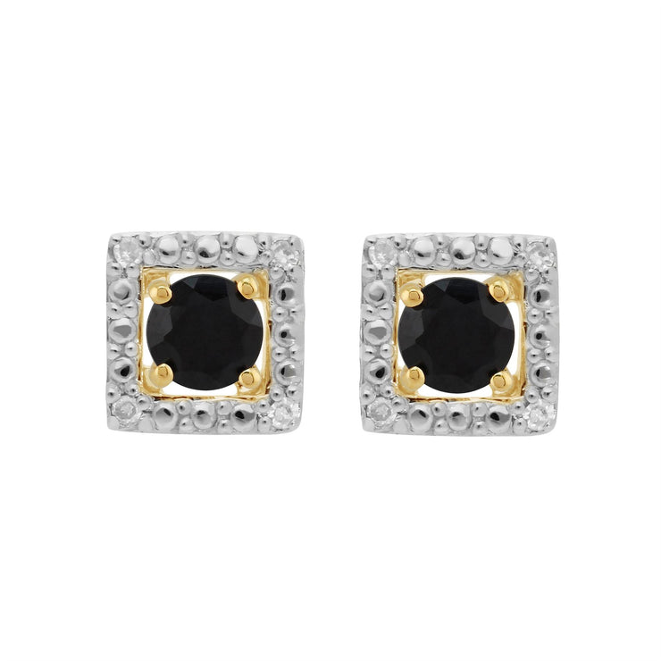 Boucles d'Oreilles Clou Saphir Bleu Foncé Classique Or Jaune 375 et Ear-Jacket Carré Diamant