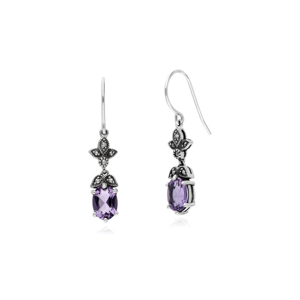 Boucles d'Oreilles Style Art Nouveau en Argent Sterling 925 avec Améthyste et Marcassites