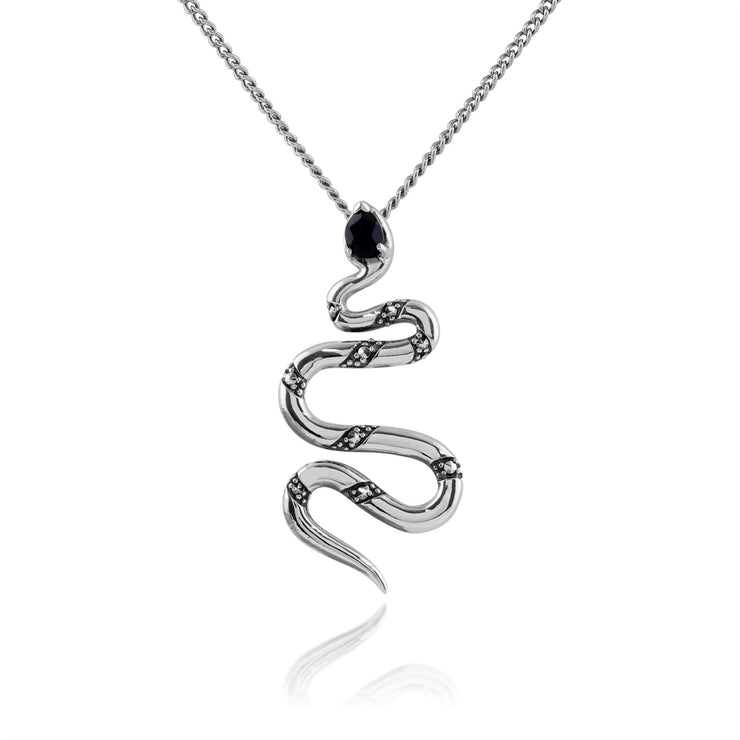 Collier et Boucles d'Oreilles Pendantes Serpent Style Art Nouveau Argent 925 Spinelle Noire Poire et Marcassite