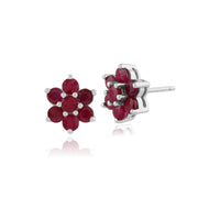 Boucles d'Oreilles Floral Argent 925 Rubis Rond Style Cluster