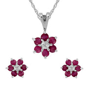 Pendentif et Boucles d'Oreilles Clou Floral Or Blanc 375 Rubis et Diamant Cluster