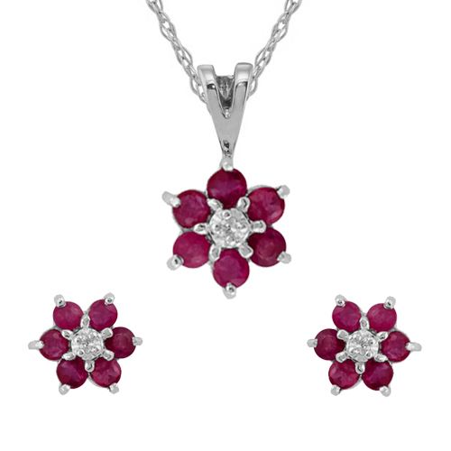 Pendentif et Boucles d'Oreilles Clou Floral Or Blanc 375 Rubis et Diamant Cluster
