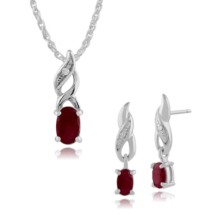 Pendentif et Boucles d'Oreilles Pendantes Torsadées Classique Or Blanc 375 Rubis Oval et Diamant