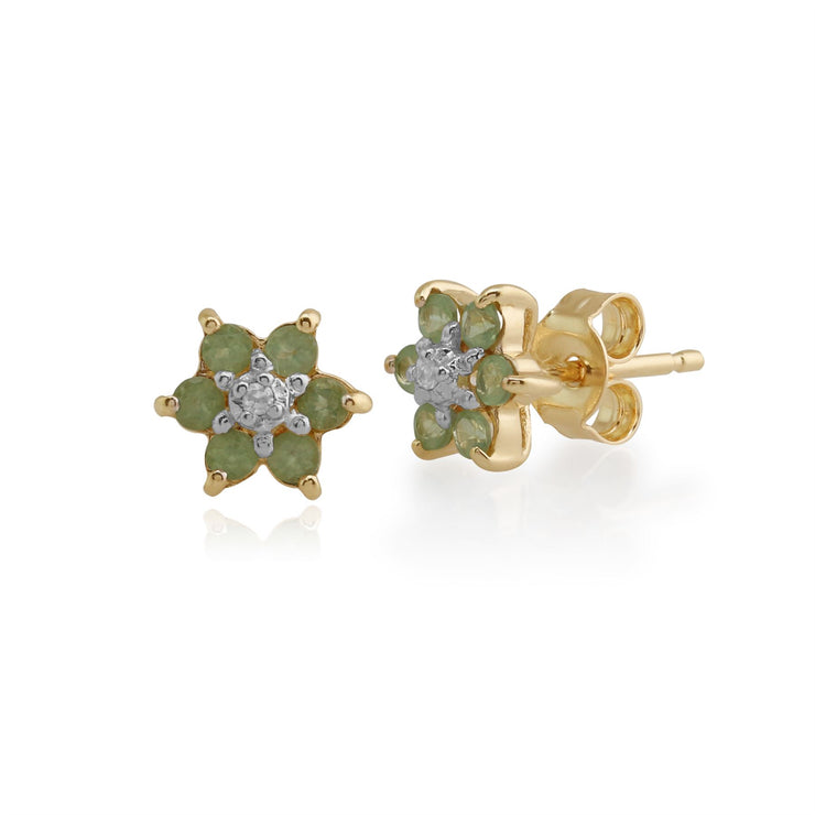 Boucles d'Oreilles Clou Floral Or Jaune 375 Péridot et Diamant Style Cluster