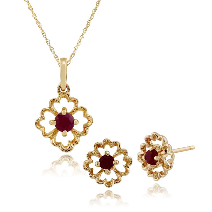 Pendentif et Boucles d'Oreilles Clou Floral Or Jaune 375 Rubis Rond