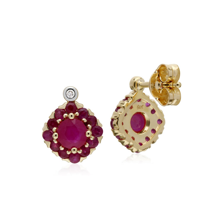 s 9 Ct Rubis or Jaune & Diamant Carré Grappe Boucles D'Oreilles Clous