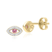 ECFEW™ Boucles d'Oreilles Clou Evil Eye Délicat Tourmaline Rose et Diamants en Or Jaune 375