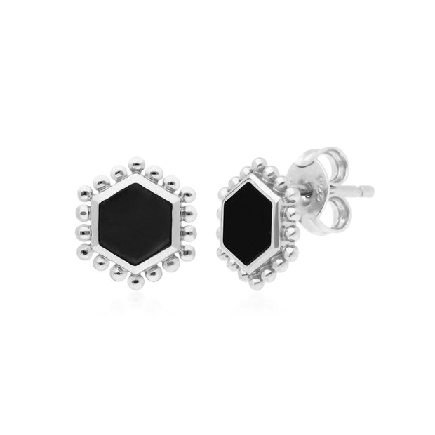 Boucles d'Oreilles Clou Flat Slice Hexagone Argent 925 Onyx