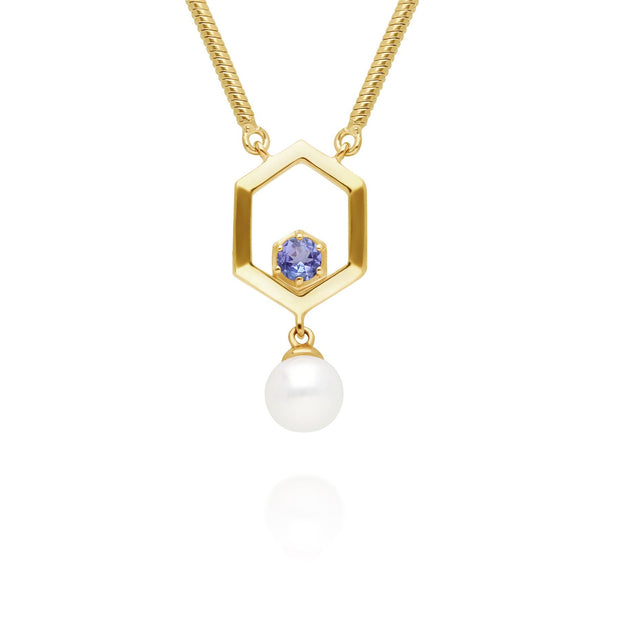 Collier Perle Moderne Hexagone Argent 925 Plaqué Or Perle et Tanzanite