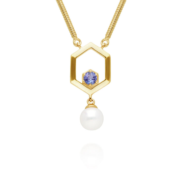 Collier Perle Moderne Hexagone Argent 925 Plaqué Or Perle et Tanzanite