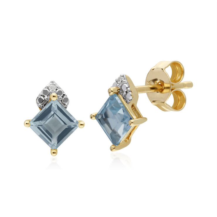 Topaze Bleu Boucles D'Oreilles, 9 CT or Jaune Topaze Bleu et Diamant Carré Boucles D'Oreilles