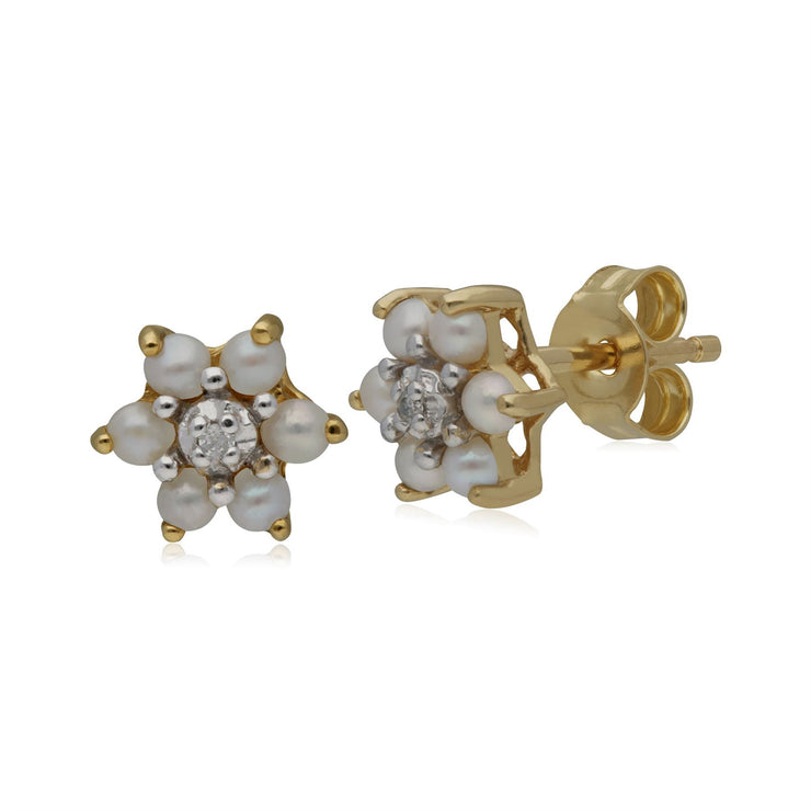 Boucles d'Oreilles Clou Floral Or Jaune 375 Perle et Diamant