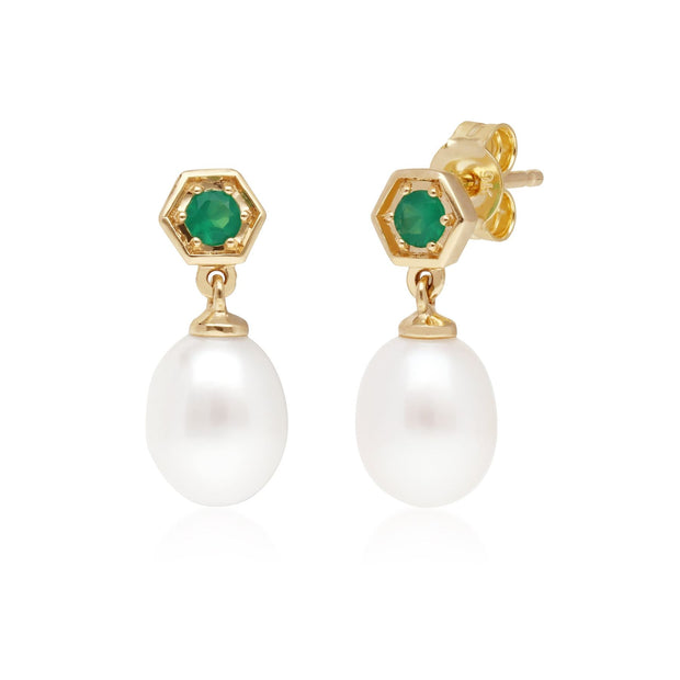 Boucles d'Oreilles Pendantes Perle Moderne Or Jaune 375 Perle et Calcédoine Verte Teintée