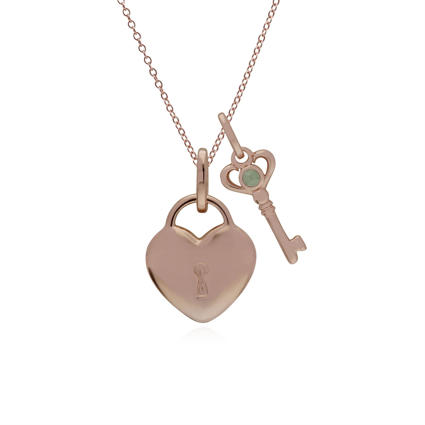 Pendentif Classique Cadenas Cœur Argent 925 Plaqué Or Rose et Charms Clé Jade