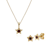 Pendentif et Boucles d'Oreilles Etoile Contemporaine Or Jaune 375 Grenat