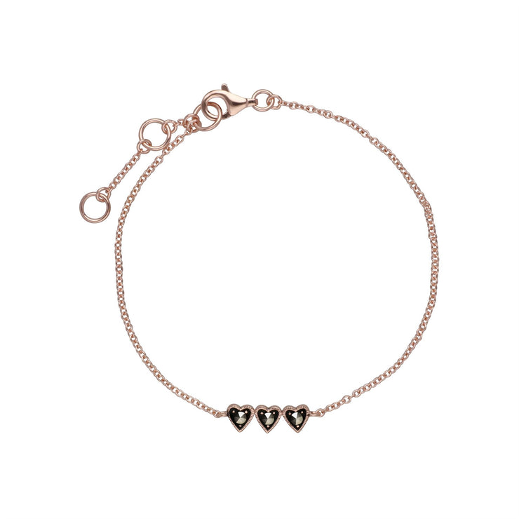 Plaqué or Rose Argent Sterling Trois Coeur Marcassite 19cm Bracelet