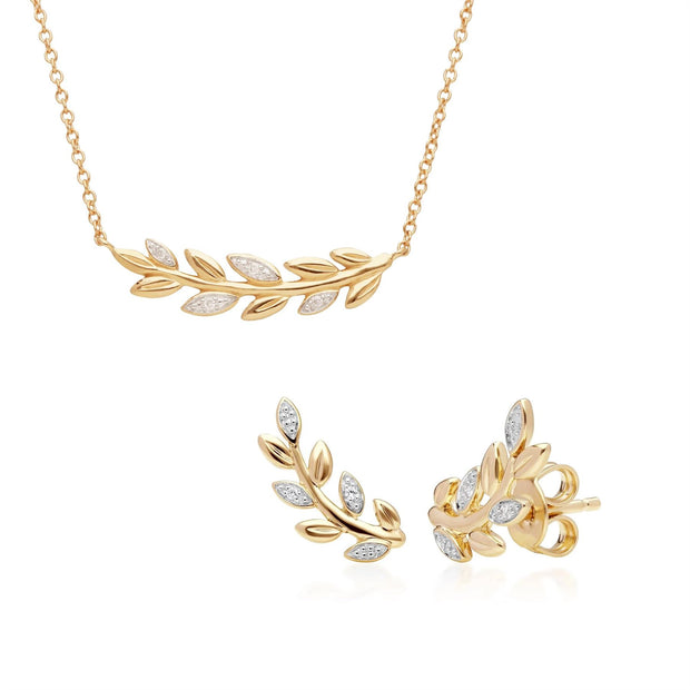 Collier et Boucles d'Oreilles Clou O Leaf Or Jaune 375 Diamant