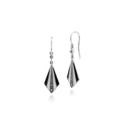 Boucles d'Oreilles Pendantes Style Art Déco Eventail Argent 925 Email Noir et Blanc et marcassite