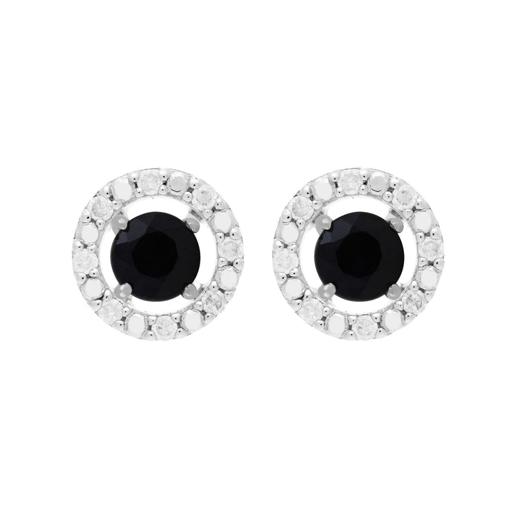 Boucles d'Oreilles Clou Saphir Bleu Foncé Classique Or Blanc 375 et Ear-Jacket Rond Diamant
