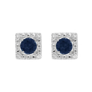 Boucles d'Oreilles Clou Saphir Bleu Classique Or Blanc 375 et Ear-Jacket Carré Diamant