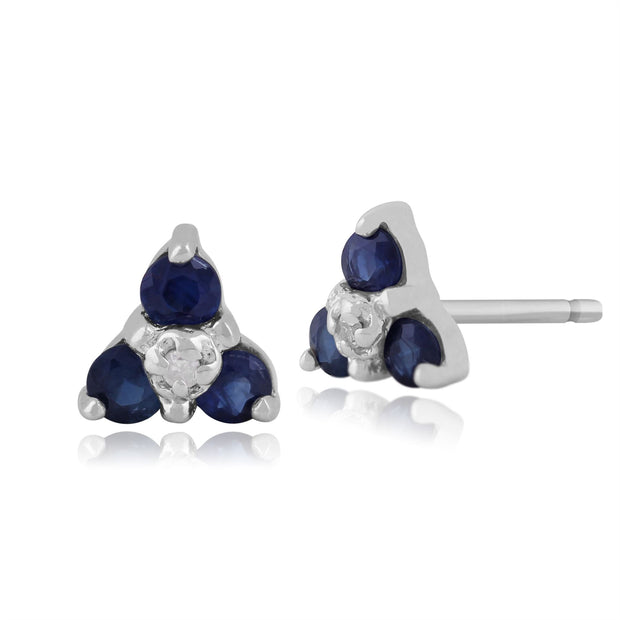 Boucles d'Oreilles Clou Classique Or Blanc 375 Saphir Rond et Diamant