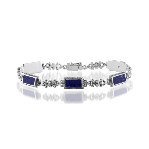 Bracelet Style Art Déco Argent 925 Lapis Lazuli Rectangulaire et Marcassite