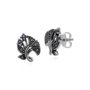 Boucles d'Oreilles Feuillage Style Art Nouveau Améthyste Rond