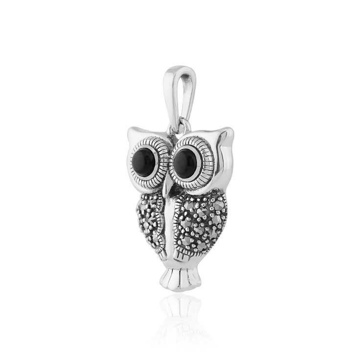 Pendentif Chouette Style Art Déco Argent 925 Onyx Noir et Marcassite