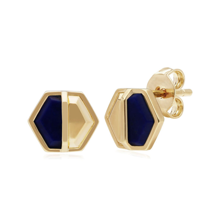 Boucles d'Oreilles Mini Clou Argent 925 Plaqué Or Lapis Lazuli Hexagone
