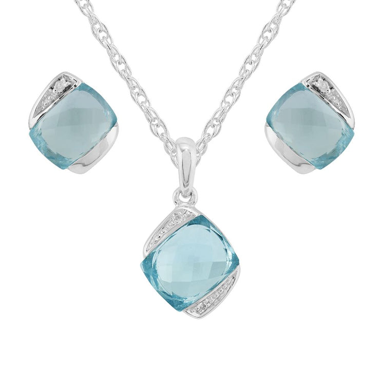 Pendentif et Boucles d'Oreilles Clou Inclinés Classique Argent 925 Topaze Bleue Coussin et Diamant