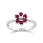 Bague Floral Or Blanc 375 Rubis et Diamant Style Cluster