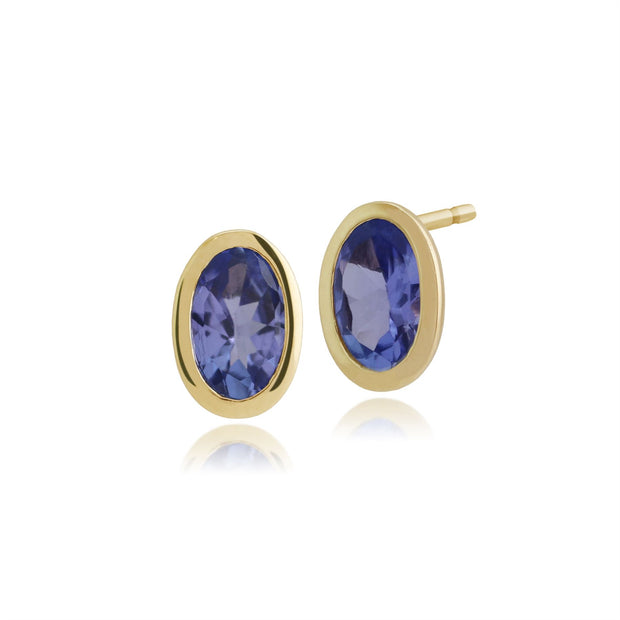 Boucles d'Oreilles Clou Classique Or Jaune 375 Tanzanite Ovale serti Clos