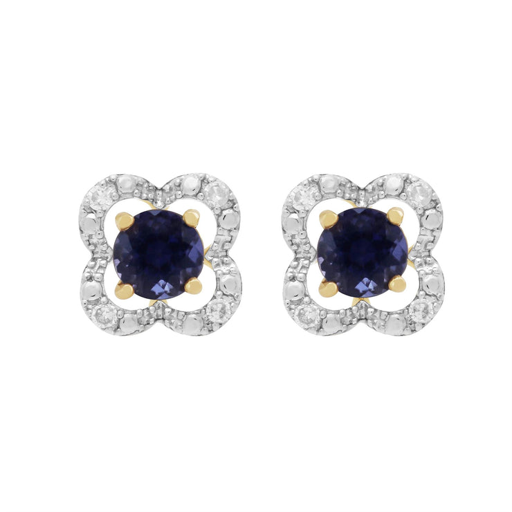 Boucles d'Oreilles Clou Iolite Classique Or Jaune 375 et Ear-Jacket Fleur Diamant