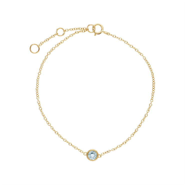 Aigue-Marine Bracelet, 9 CT or Jaune Aigue-Marine Pierre Unique Rond Milgrain 19cm Bracelet