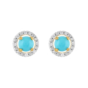 Boucles d'Oreilles Clou Turquoise Classique Or Jaune 375 et Ear-Jacket Rond Diamant